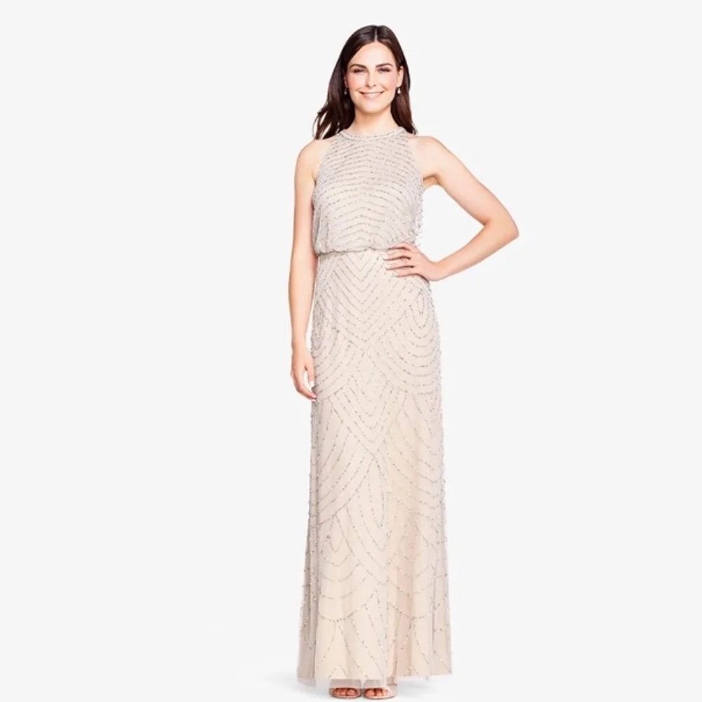 Adrianna Papell Art Deco Beaded Blouson Dress w/ Halter Neckline in Silver Nude
